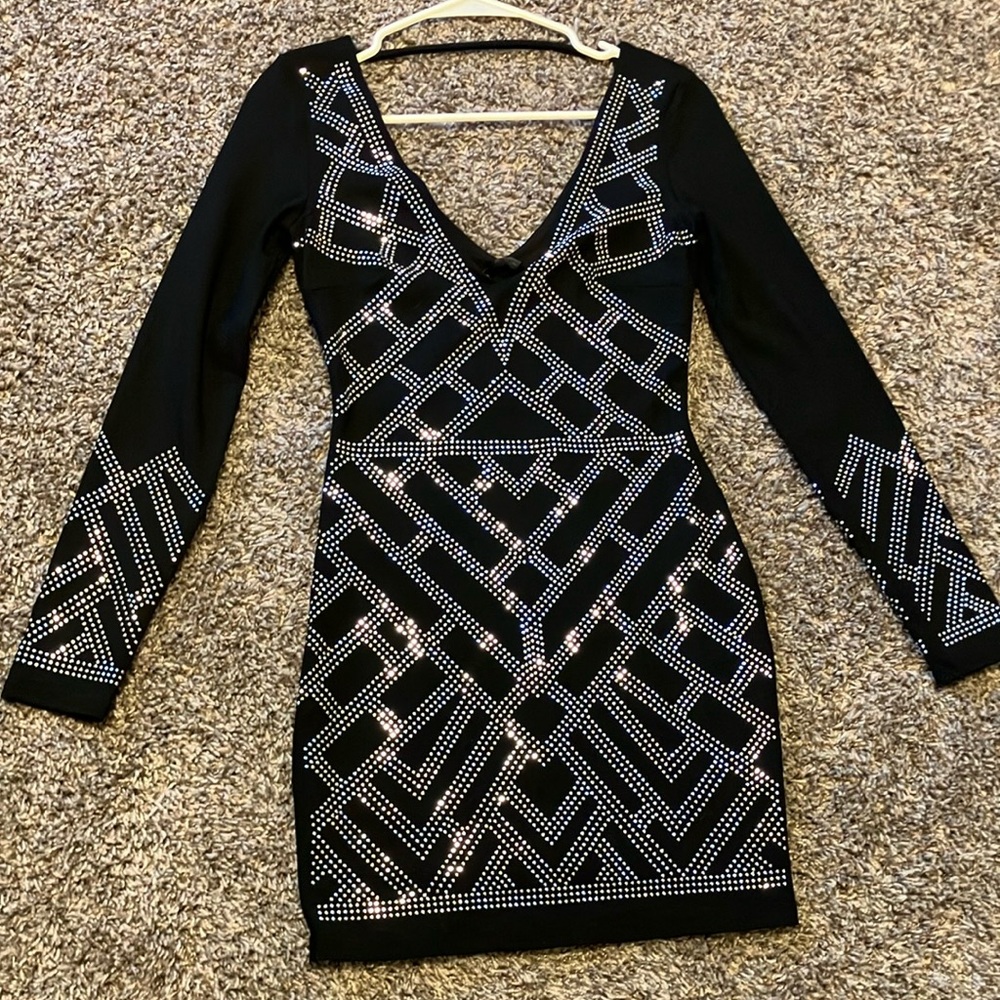 Bebe Silver Sequin Long Sleeve Bodycon Dress